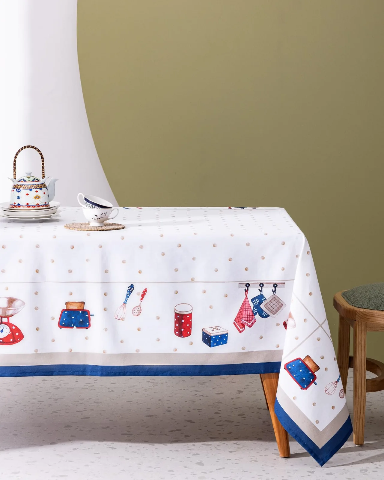 Asonne Polycotton Masa Örtüsü - Beyaz/Lacivert - 150x250 cm