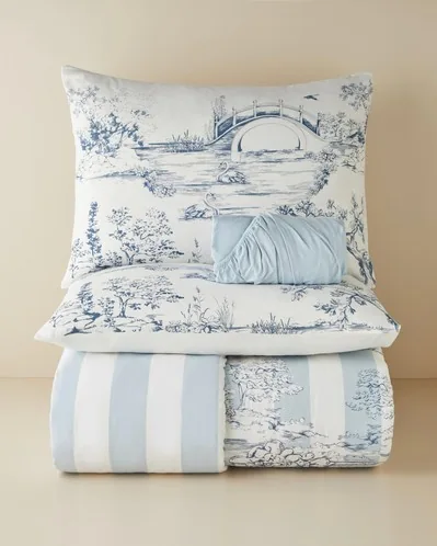 Striped Jouy Pamuklu Çift Kişilik Çarşaflı Nevresim Takımı 200x220 cm Mavi